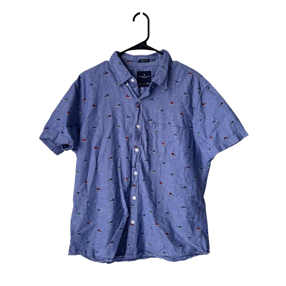 American Eagle Mens Blue Sneaker Print Short Sleeve Button Down Shirt Large